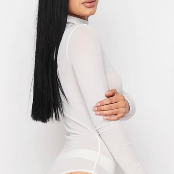 Tops - Long Sleeve Mock Neck Gauzy Intimate Sheer Mesh Long sleeve Bodysuit